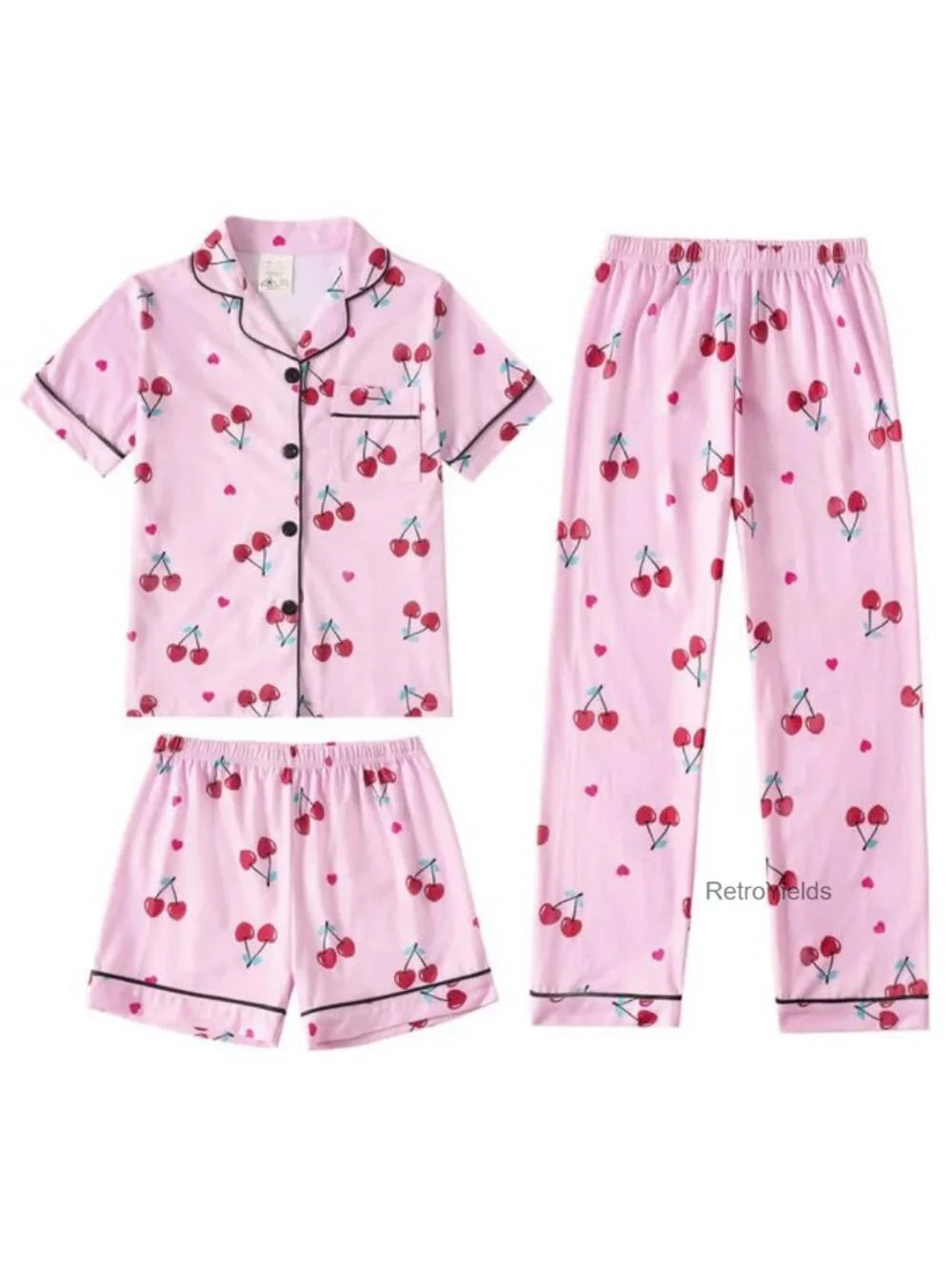 Girls 3-Piece Pajama Set Button Down Short Sleeve Top with Shorts & Pants